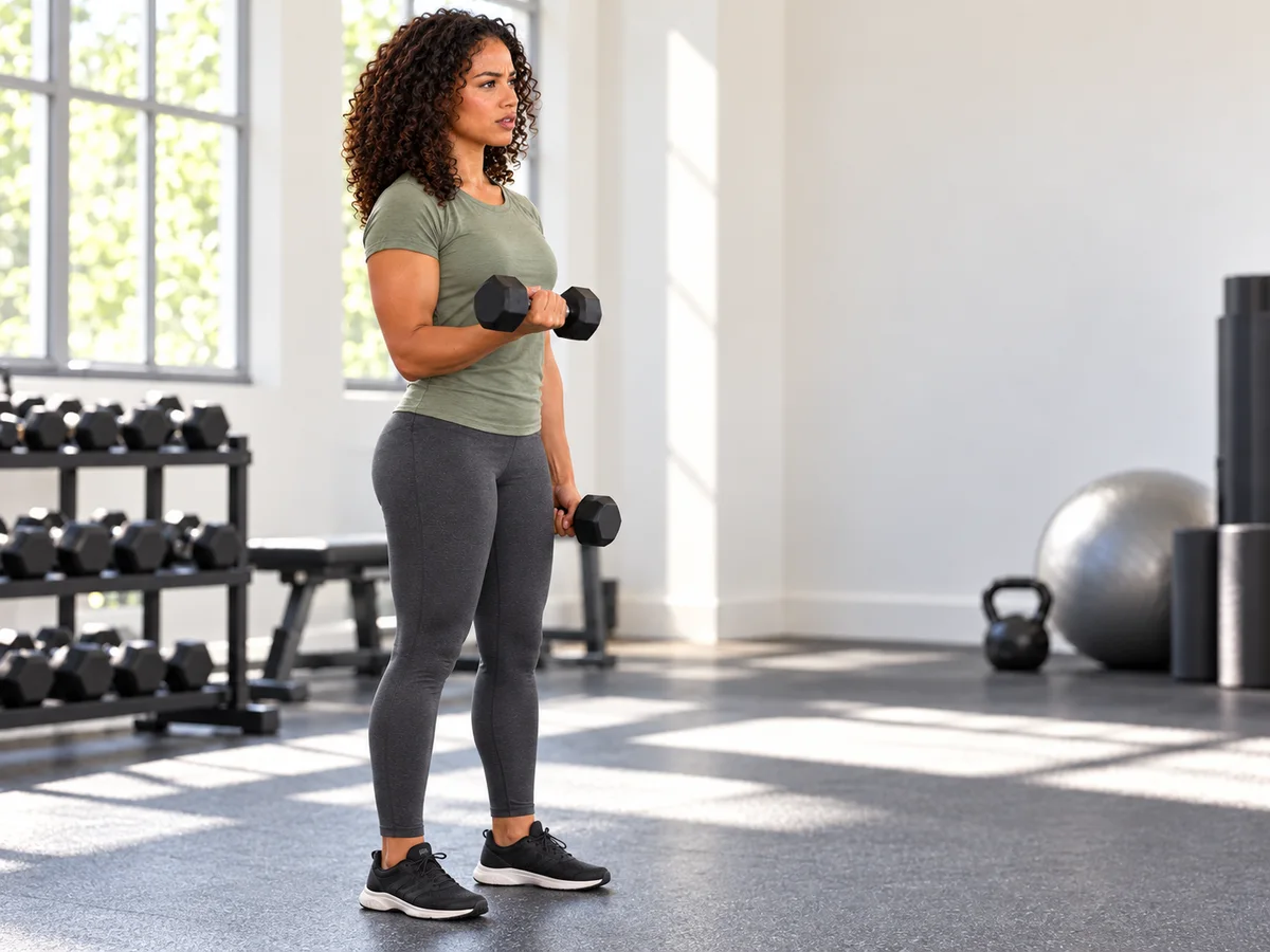 A focused woman in a bright gym, shown from the side performing an alternating dumbbell curl with her elbow beside her torso and wrist straight.
