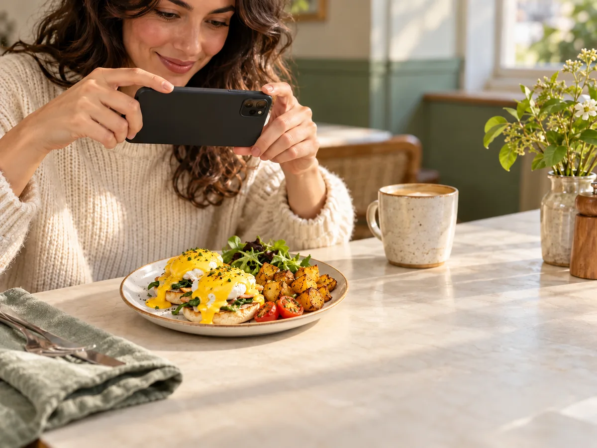 A woman photographing eggs Benedict and golden breakfast potatoes at brunch.