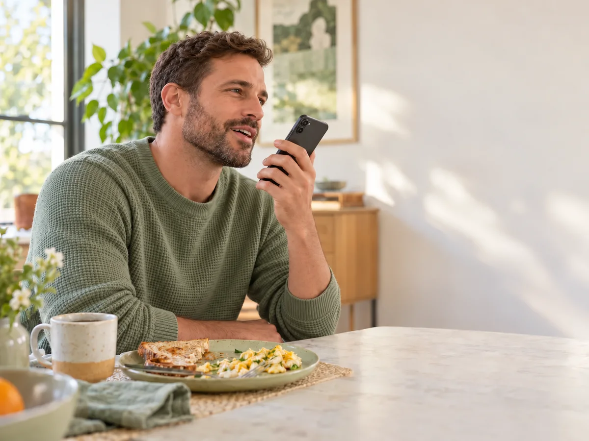A man describing his breakfast to his phone at the kitchen table.