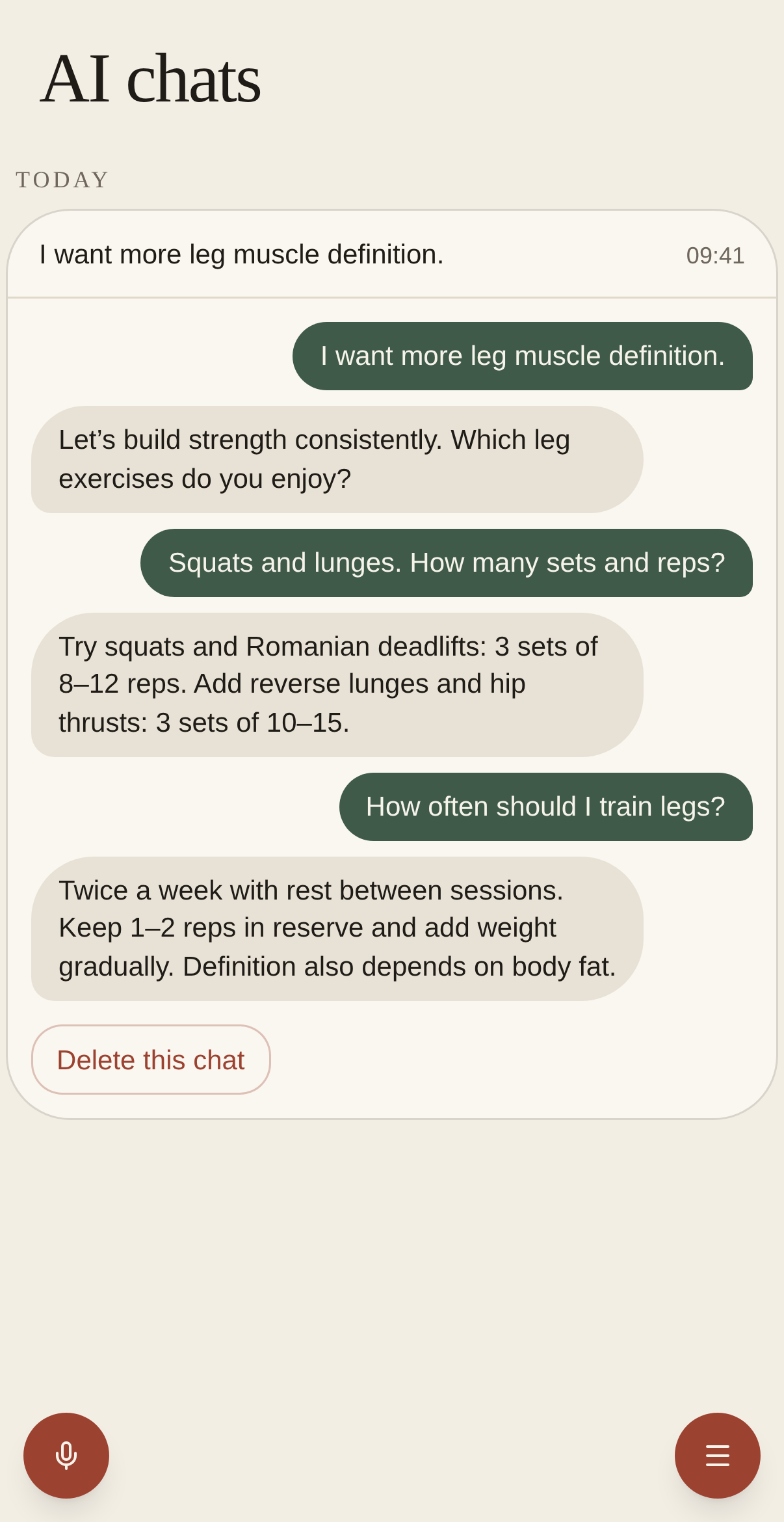 Fiti’s actual AI chats screen with a simulated conversation about leg muscle definition, exercises, sets, and repetitions.