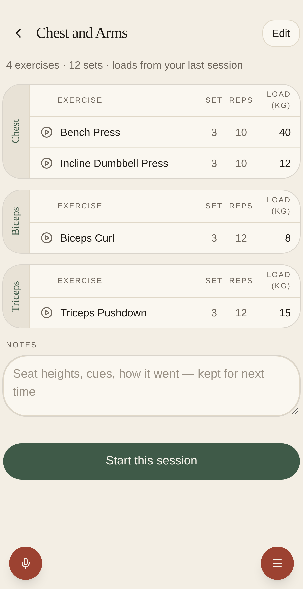 Fiti’s actual Chest and Arms routine with exercises, sets, repetitions, and weights.