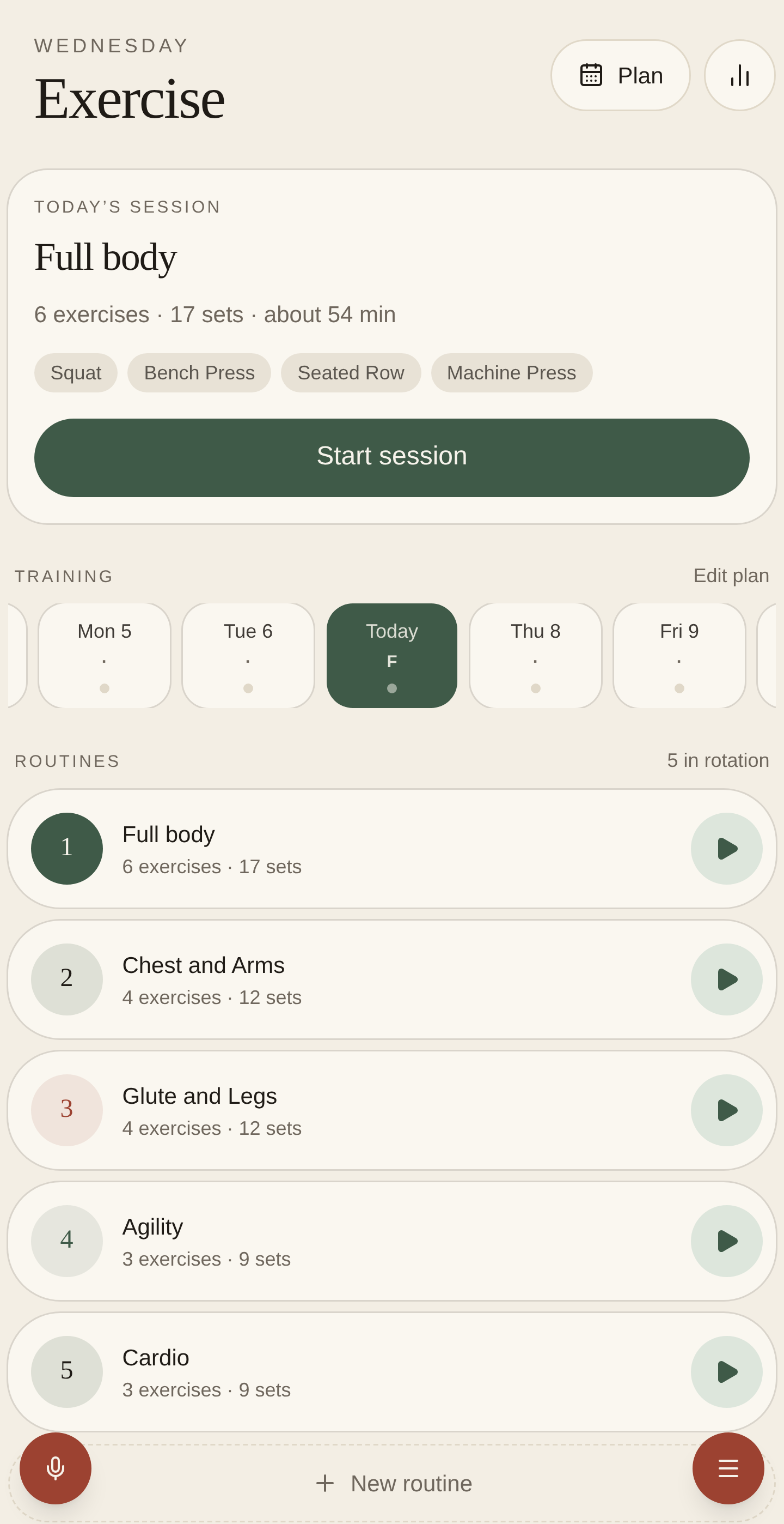 Fiti’s actual Exercise screen with sample Full body, Chest and Arms, Glute and Legs, Agility, and Cardio routines.