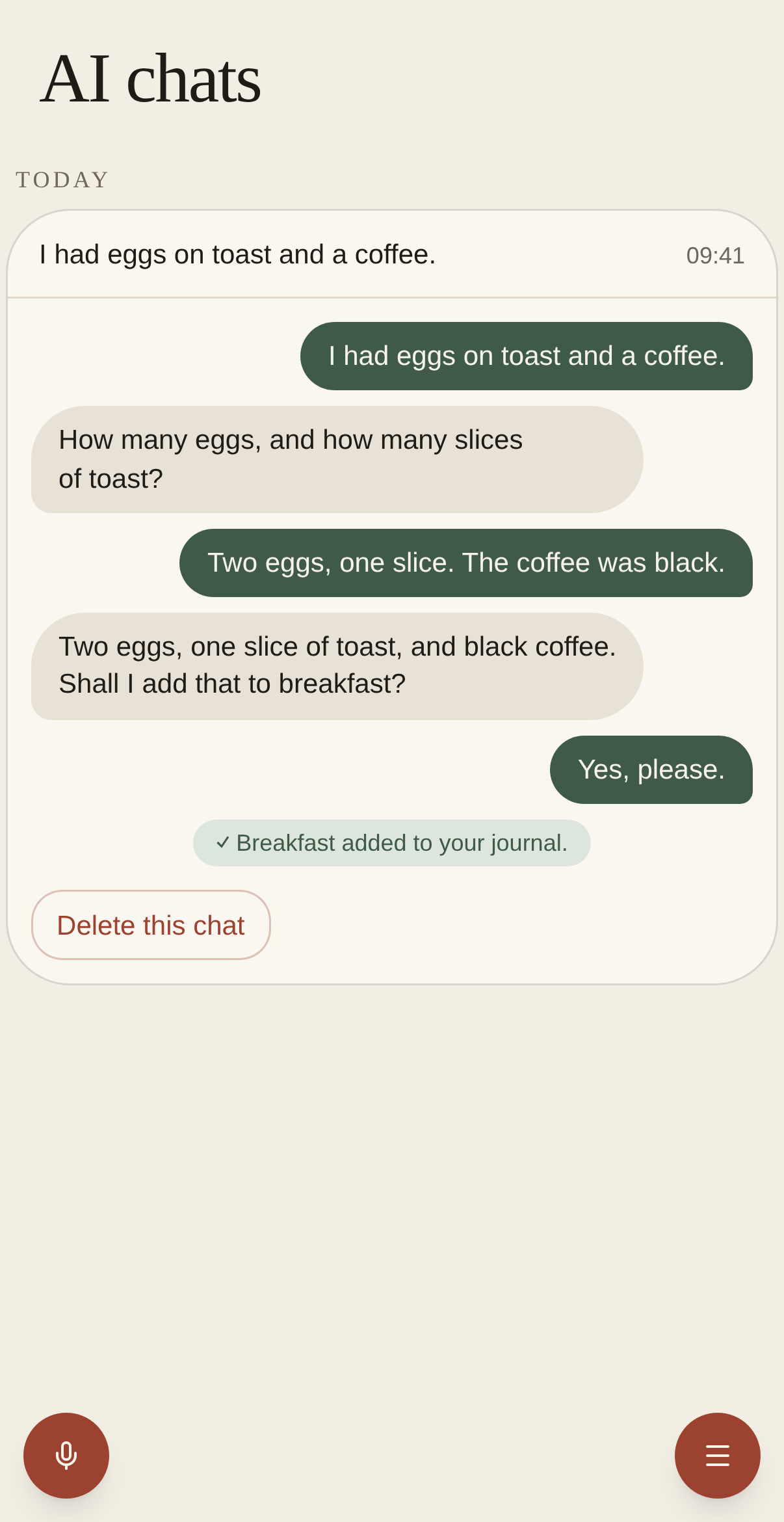 Fiti’s real chat history showing a sample conversation about logging eggs, toast, and coffee for breakfast.