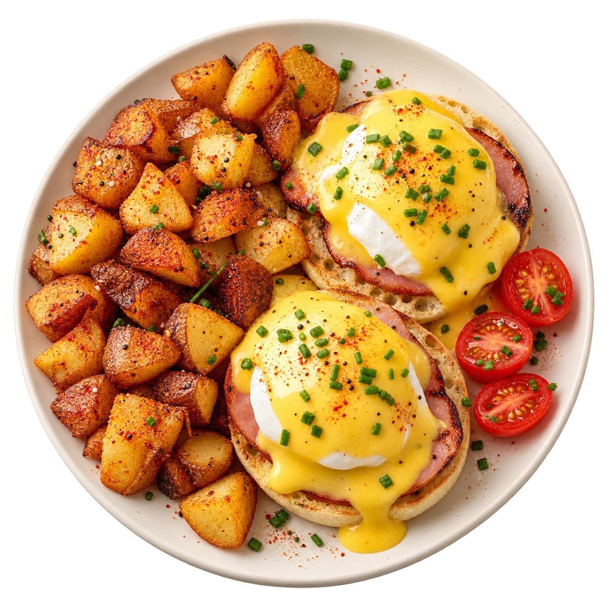 Eggs Benedict with golden crispy potatoes, red tomatoes, and green chives.